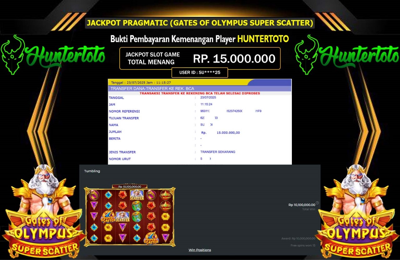 HUNTERTOTO JACKPOT PRAGMATIC GATES OF OLYMPUS SUPER SCATTER Rp.15.000.000,- LUNAS