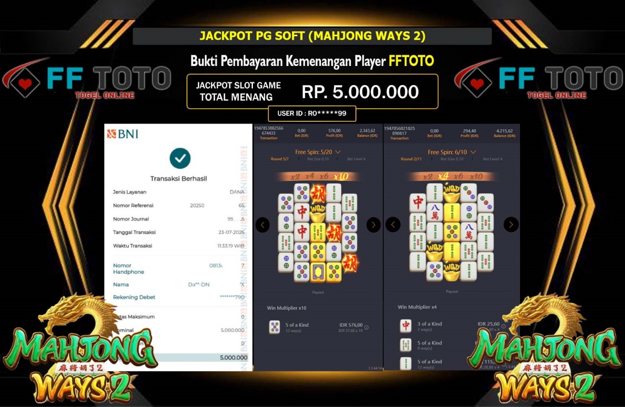 FFTOTO JACKPOT PG SOFT MAHJONG WAYS 2 Rp.5.000.000,- LUNAS