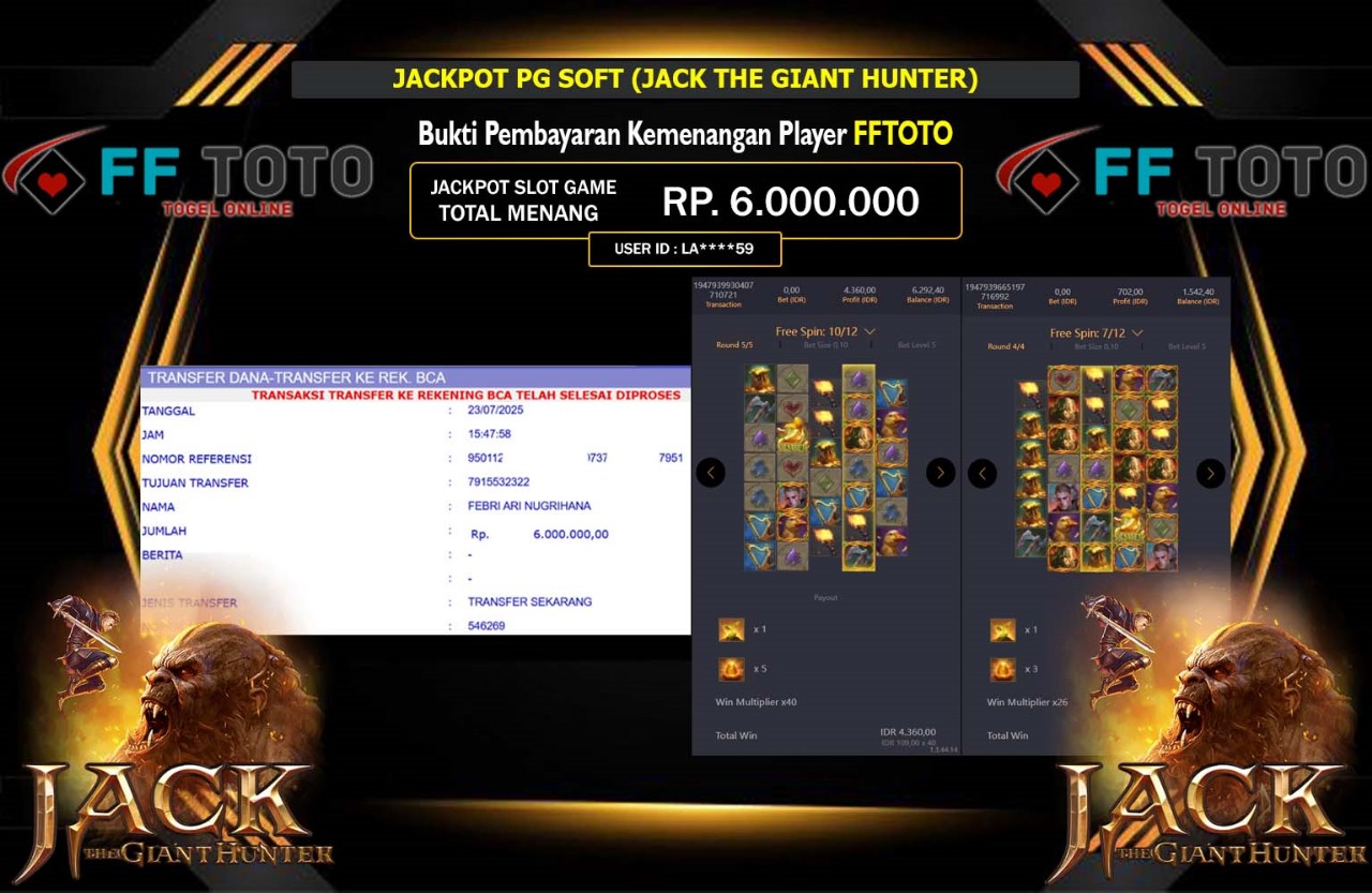 FFTOTO JACKPOT PG SOFT JACK THE GIANT HUNTER Rp.6.000.000,- LUNAS
