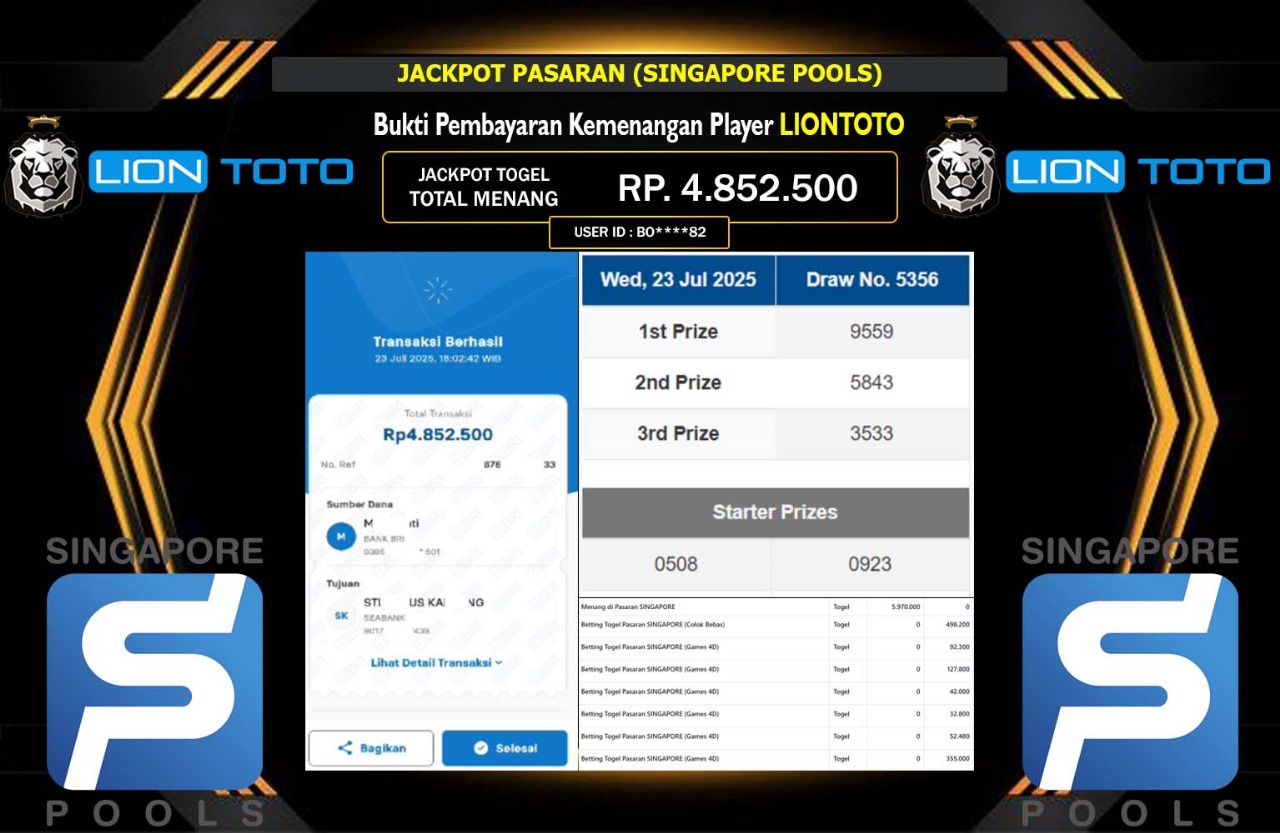 LIONTOTO JACKPOT PASARAN SINGAPORE POOLS Rp.4.852.500,- LUNAS