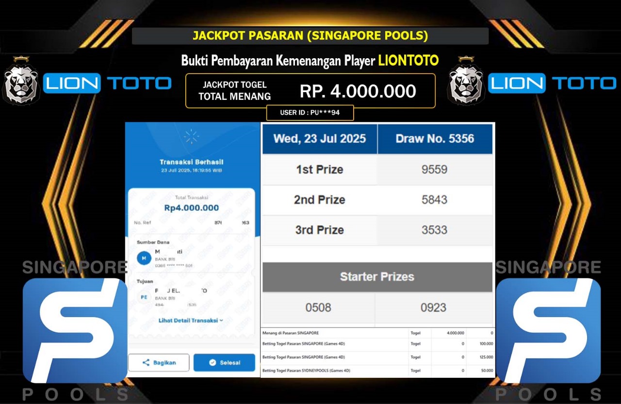 LIONTOTO JACKPOT PASARAN SINGAPORE POOLS Rp.4.000.000,- LUNAS