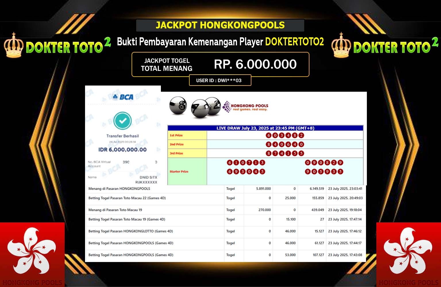 DOKTERTOTO2 JACKPOT PASARAN HONGKONG POOLS  Rp.6.000.000,- LUNAS