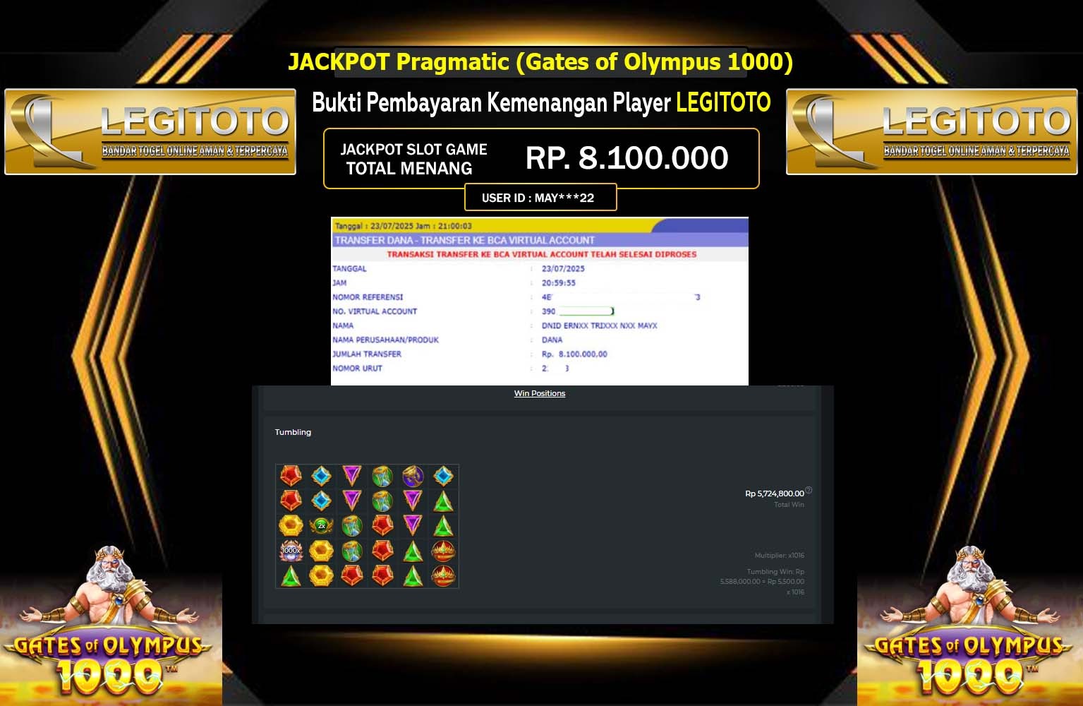 LEGITOTO JACKPOT PRAGMATIC GATES OF OLYMPUS 1000 Rp.8.100.000,- LUNAS