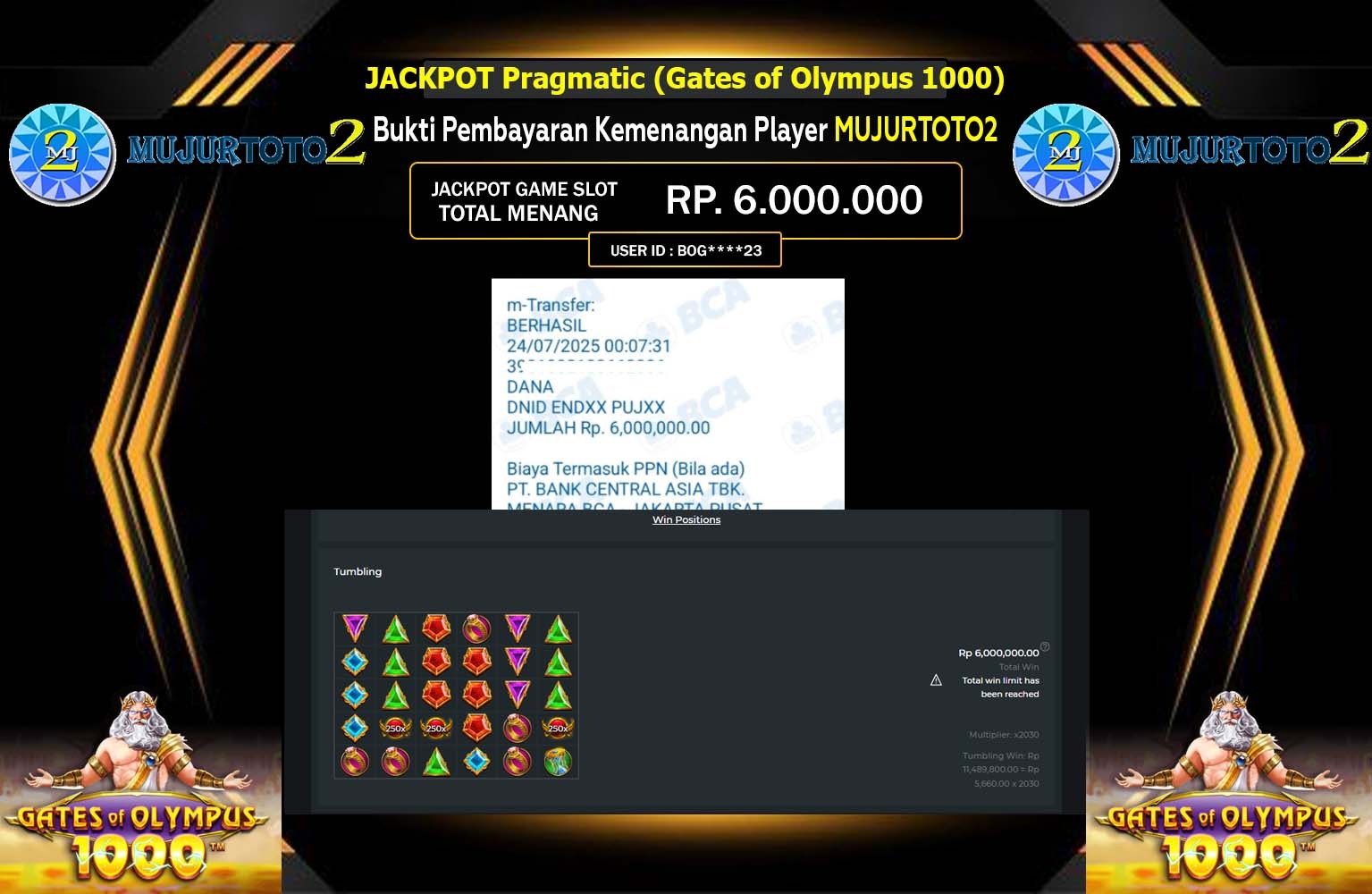 MUJURTOTO2 JACKPOT Pragmatic (Gates of Olympus 1000) Rp.6.000.000,- LUNAS
