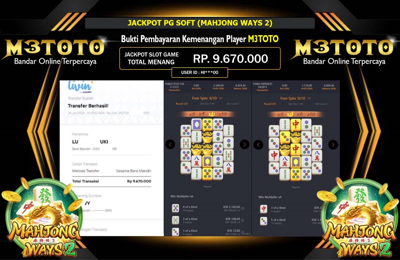 M3TOTO JACKPOT PG SOFT MAHJONG WAYS 2 Rp.9.670.000,- LUNAS