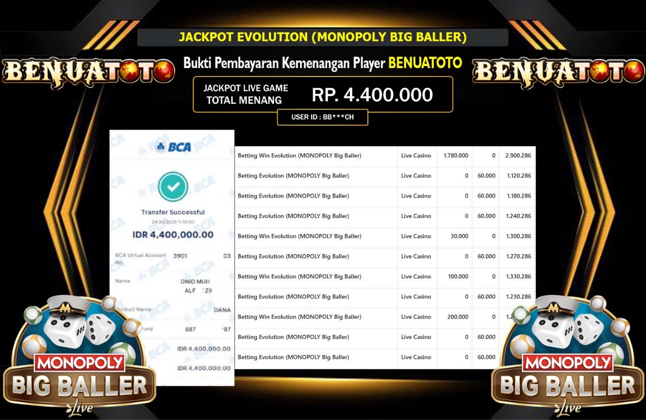 BENUATOTO JACKPOT EVOLUTION MONOPOLY BIG BALLER Rp.4.400.000,- LUNAS