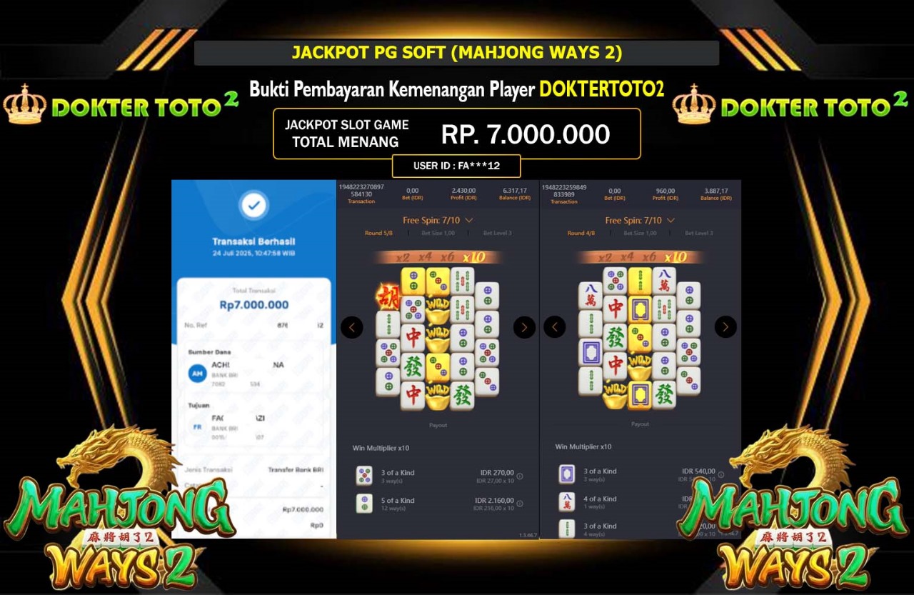 DOKTERTOTO2 JACKPOT PG SOFT MAHJONG WAYS 2 Rp.7.000.000,- LUNAS