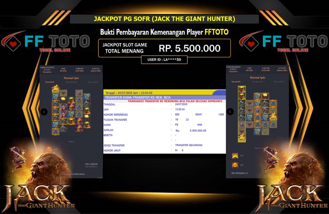 FFTOTO JACKPOT PG SOFT JACK THE GIANT HUNTER Rp.5.500.000,- LUNAS