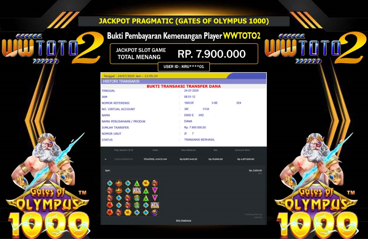 WWTOTO2 JACKPOT PRAGMATIC GATES OF OLYMPUS 1000 Rp.7.900.000,- LUNAS