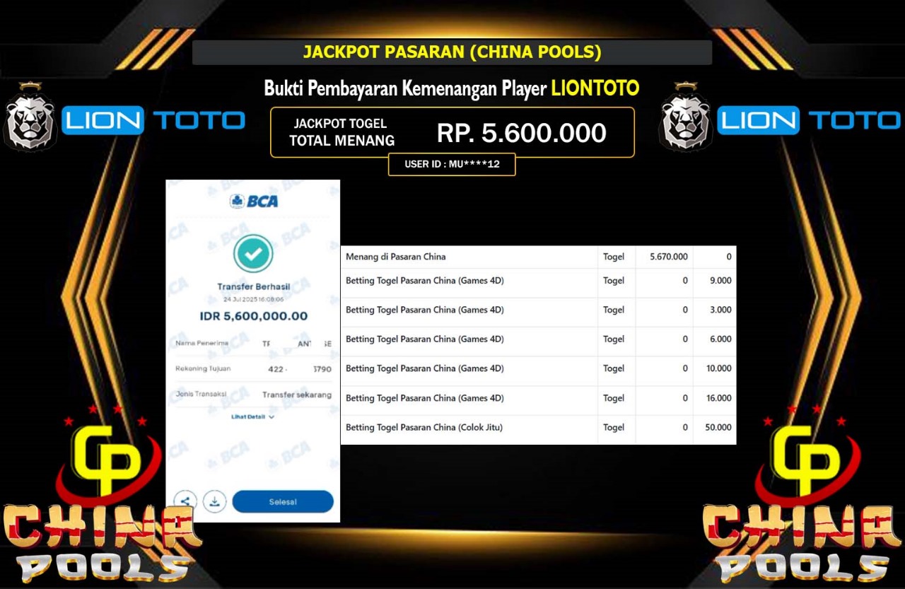 LIONTOTO JACKPOT PASARAN CHINA POOLS Rp.5.600.000,- LUNAS