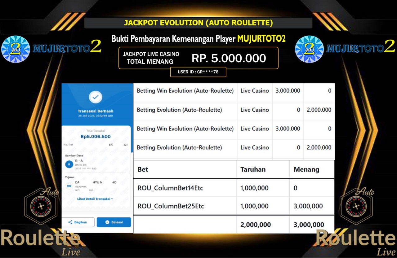 MUJURTOTO2 JACKPOT EVOLUTION AUTO ROULETTE Rp.5.000.000,- LUNAS