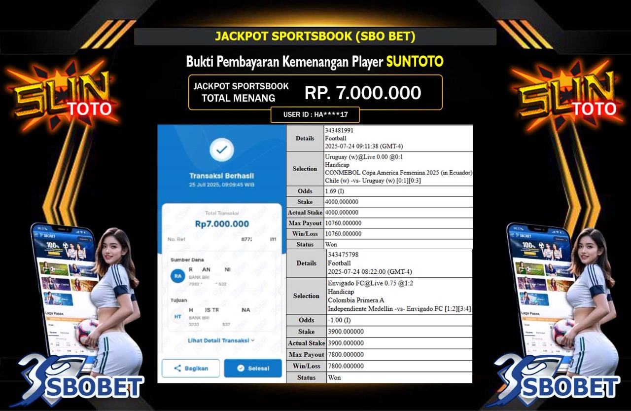 SUNTOTO JACKPOT SPORTSBOOK SBOBET Rp.7.000.000,- LUNAS