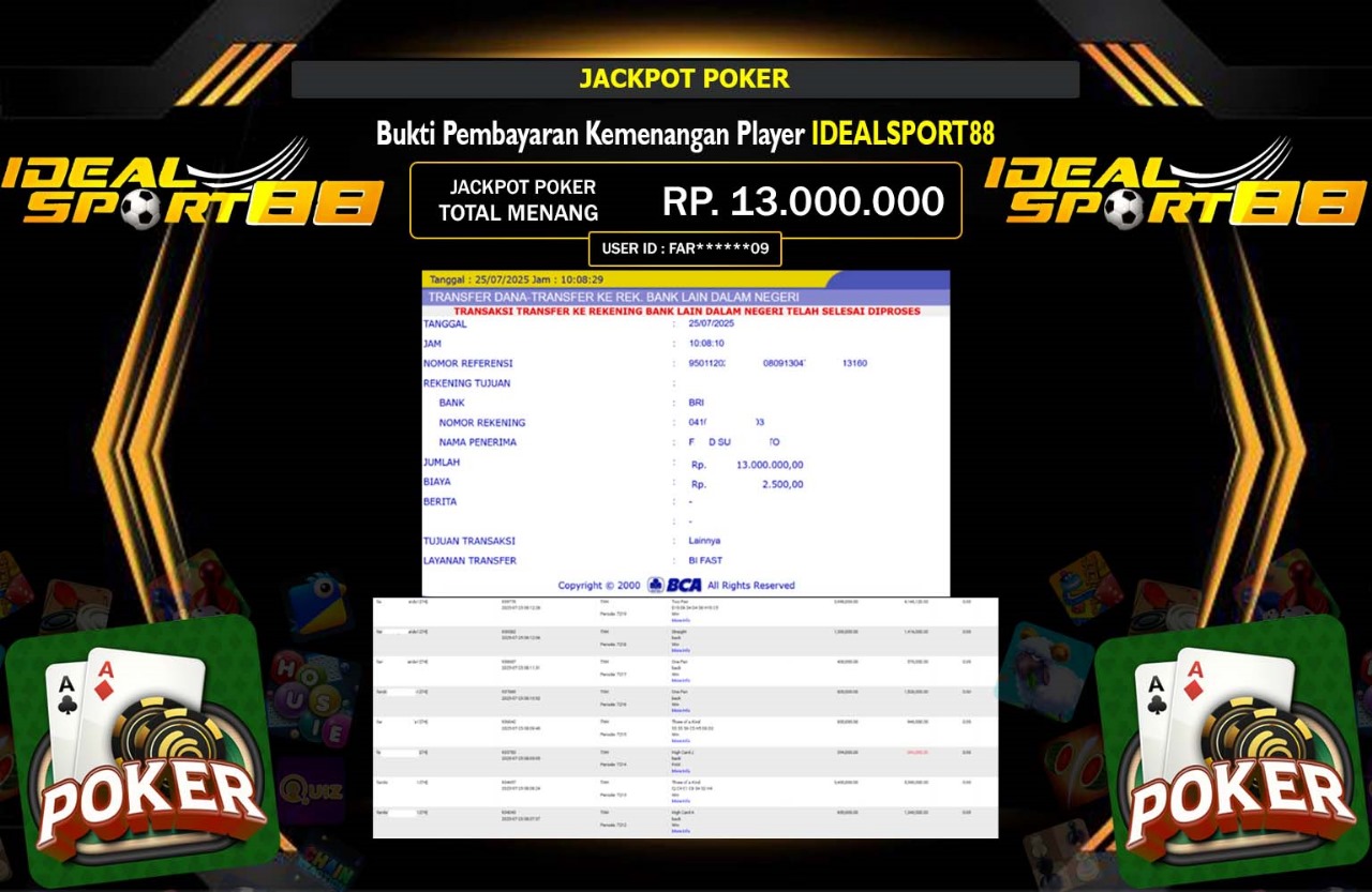 IDEALSPORT88 JACKPOT POKER GAME Rp.13.000.000,- LUNAS