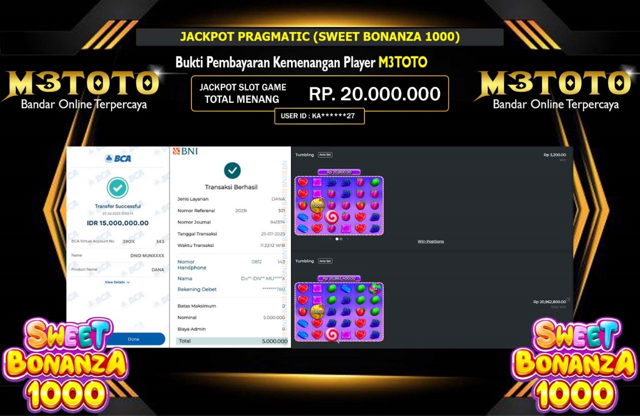 M3TOTO JACKPOT PRAGMATIC SWEET BONANZA 1000 Rp.20.000.000,- LUNAS