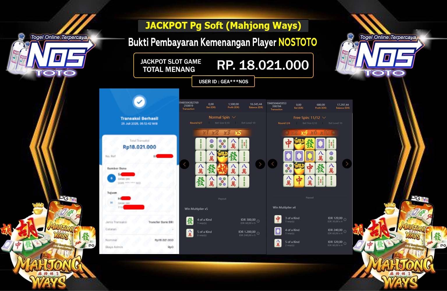 NOSTOTO JACKPOT Pg Soft (Mahjong Ways )  Rp.18.021.000,- LUNAS