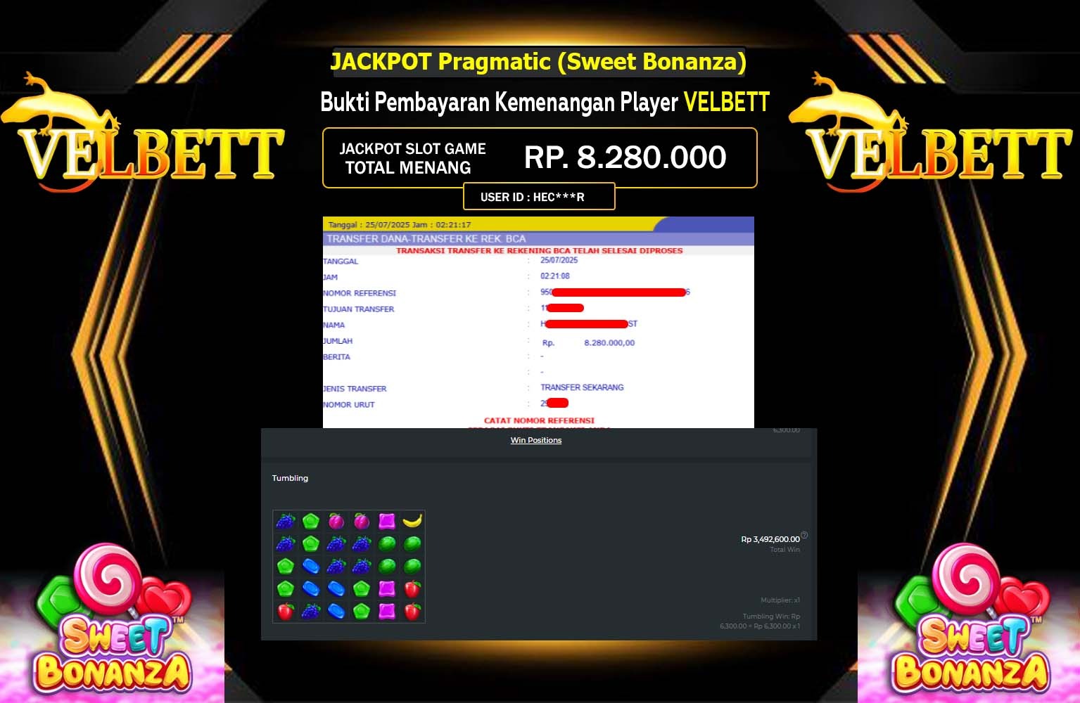 VELBETT JACKPOT Pragmatic (Sweet Bonanza)  Rp.8.280.000,- LUNAS
