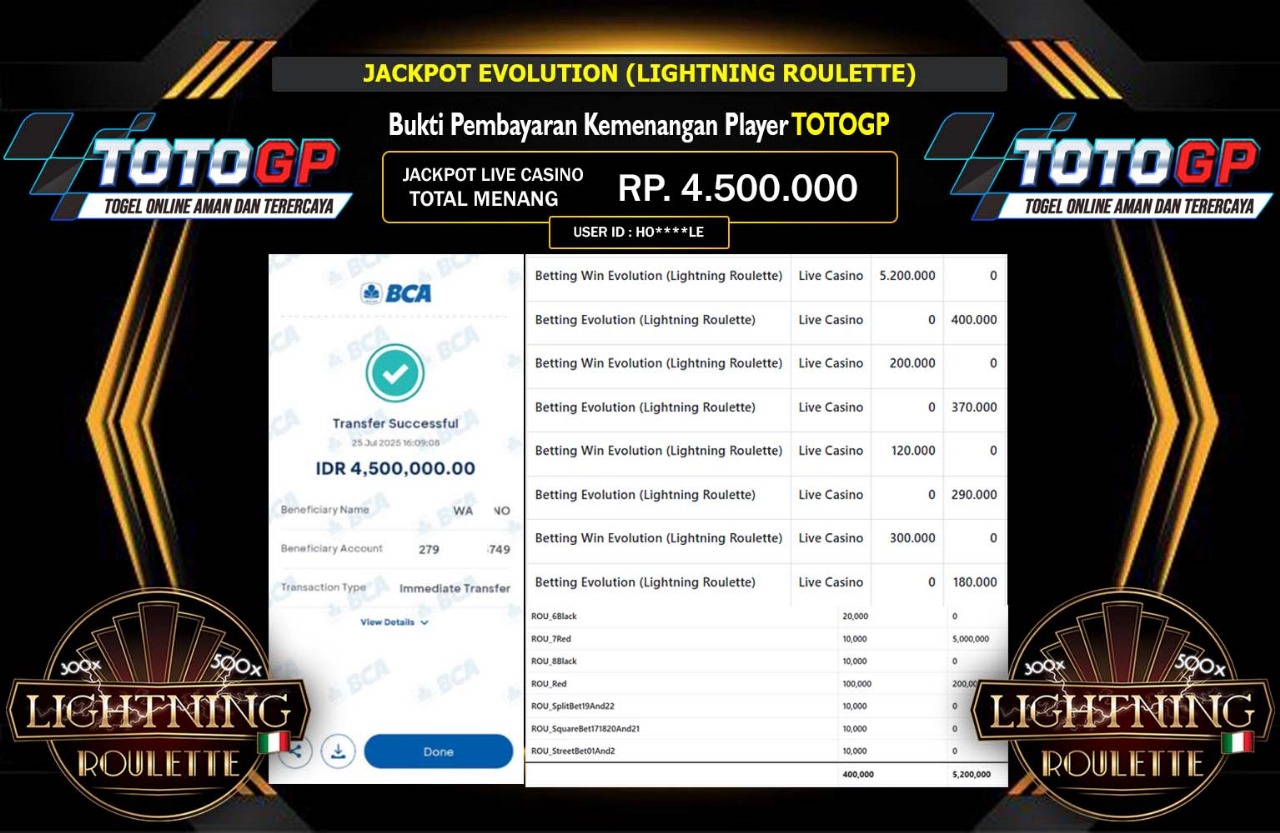 TOTOGP JACKPOT EVOLUTION (LIGHTNING ROULETTE)  Rp.4.500.000,- LUNAS