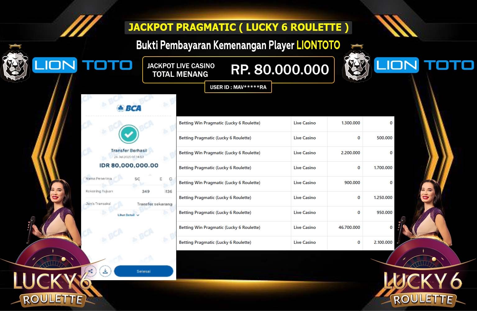 LIONTOTO JACKPOT PRAGMATIC (LUCKY 6 ROULETTE)  Rp.80.000.000,- LUNAS