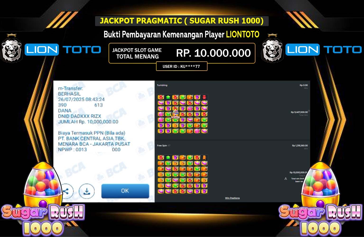 LIONTOTO JACKPOT PRAGMATIC (SUGAR RUSH 1000)  Rp.10.000.000,- LUNAS