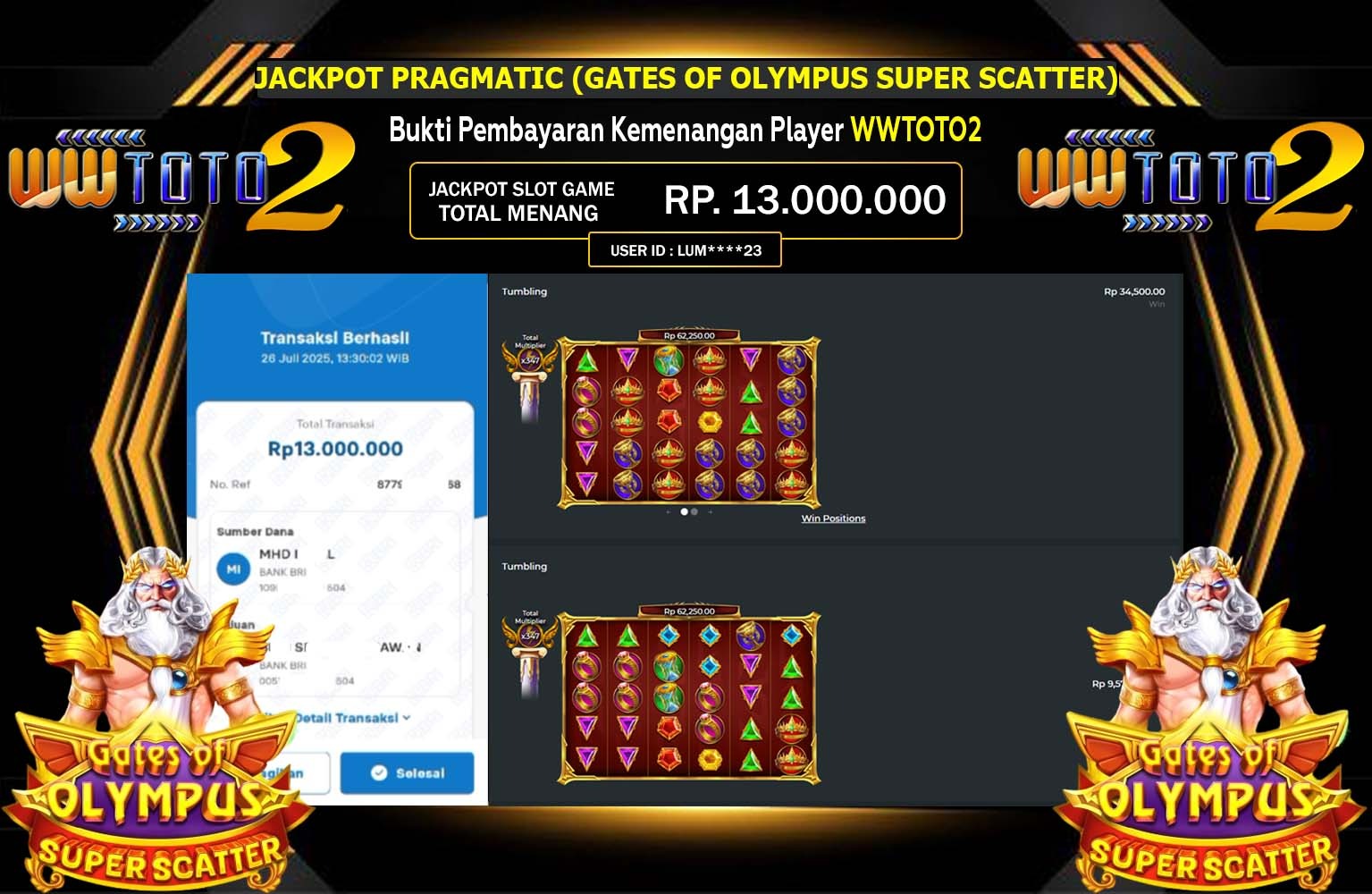 WWTOTO2 JACKPOT PRAGMATIC (GATES OF OLYMPUS SUPER SCATTER) Rp.13.000.000,- LUNAS