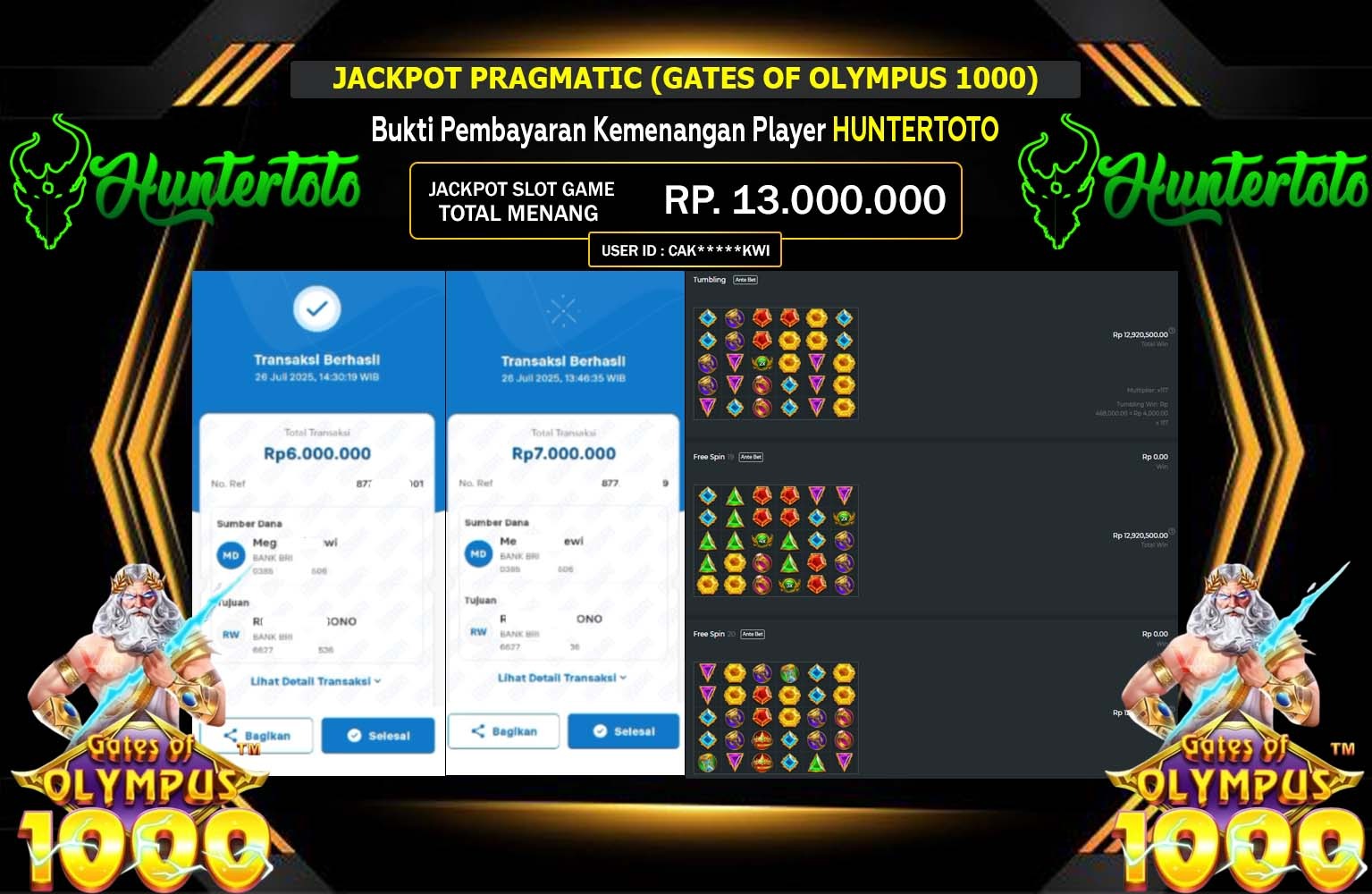 HUNTERTOTO JACKPOT PRAGMATIC (GATES OF OLYMPUS 1000) Rp.13.000.000,- LUNAS