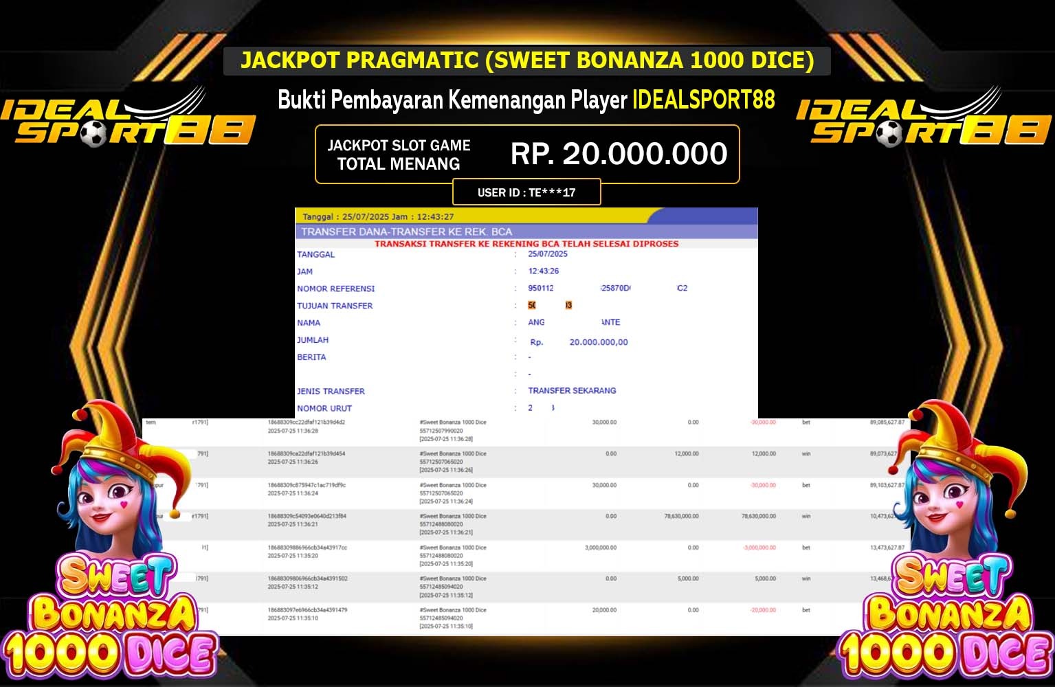 IDEALSPORT88 JACKPOT PRAGMATIC (SWEET BONANZA 1000 DICE) Rp.20.000.000,- LUNAS