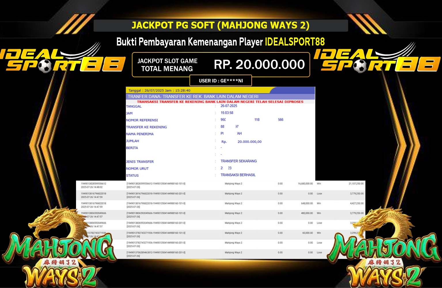 IDEALSPORT88 JACKPOT PG SOFT (MAHJONG WAYS 2) Rp.20.000.000,- LUNAS
