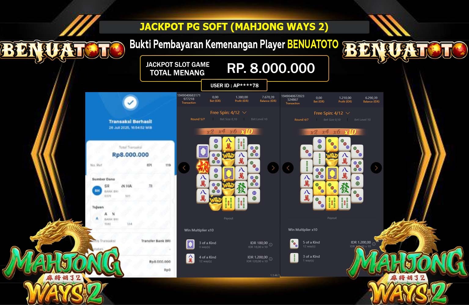 BENUATOTO JACKPOT PG SOFT (MAHJONG WAYS 2) Rp.8.000.000,- LUNAS