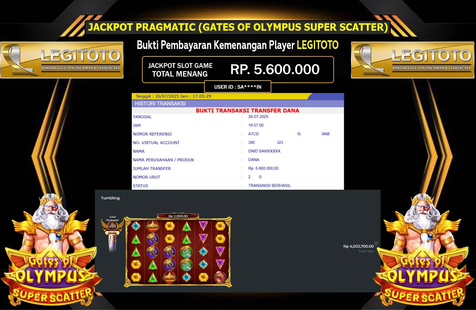 LEGITOTO JACKPOT PRAGMATIC (GATES OF OLYMPUS SUPER SCATTER) Rp.5.600.000,- LUNAS