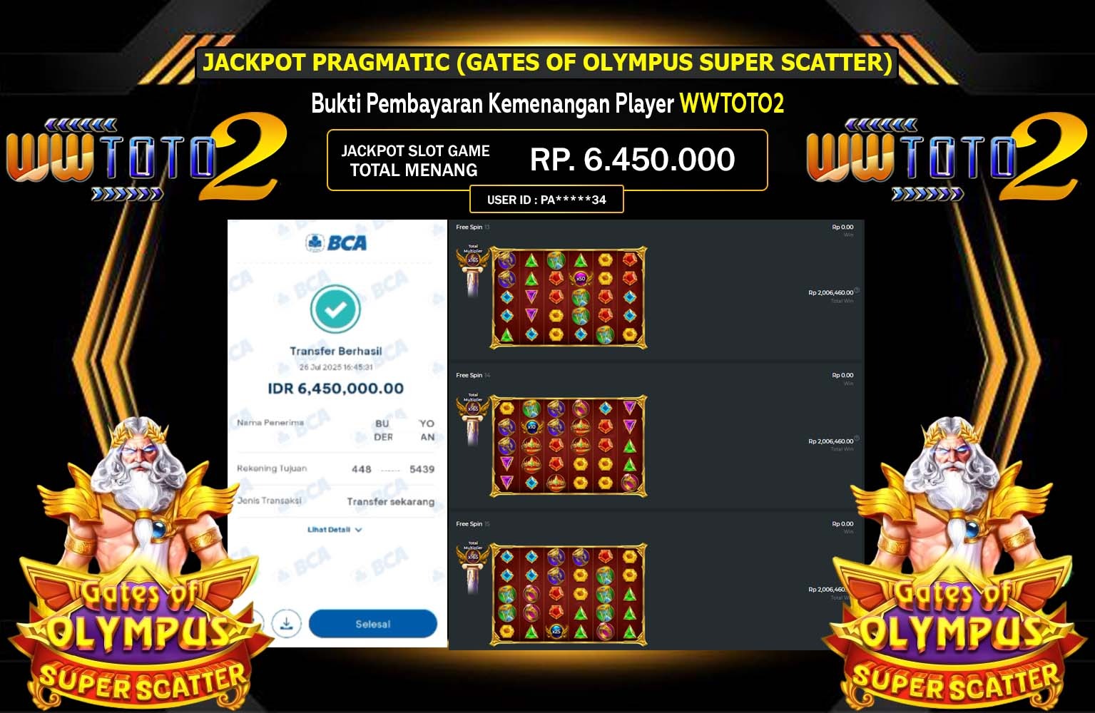 WWTOTO2 JACKPOT PRAGMATIC (GATES OF OLYMPUS SUPER SCATTER) Rp.6.450.000,- LUNAS