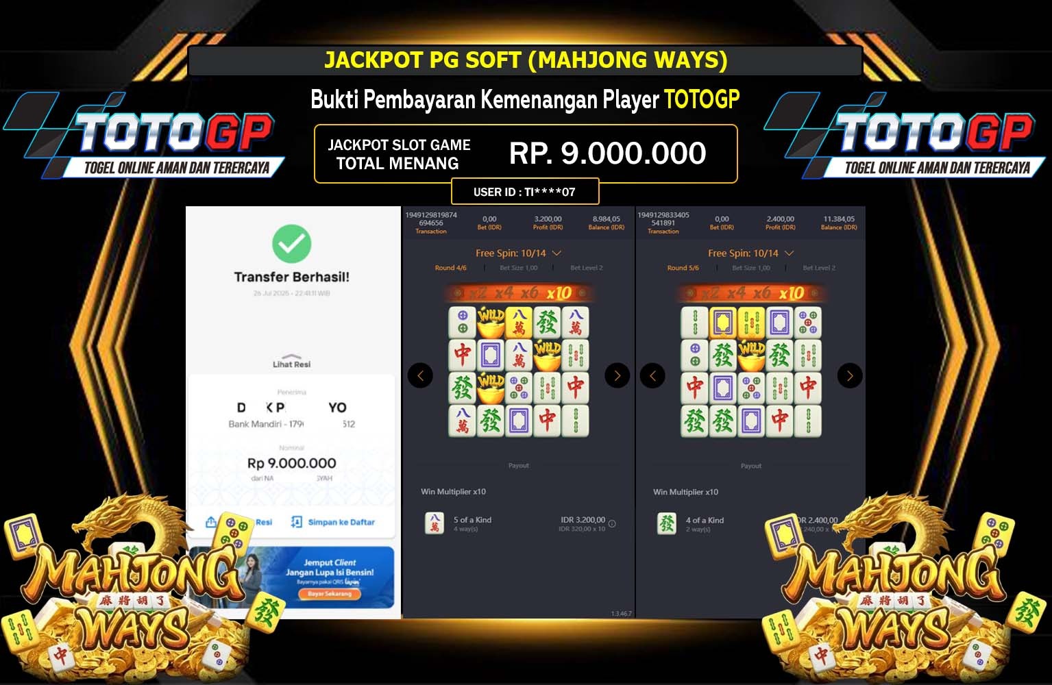 TOTOGP JACKPOT PG SOFT (MAHJONG WAYS) Rp.9.000.000,- LUNAS