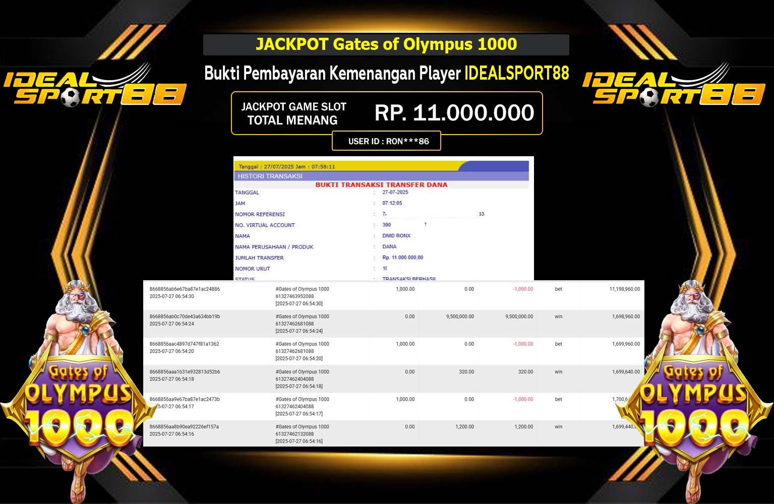 IDEALSPORT88 JACKPOT SLOT GATES OF OLYMPUS 1000 Rp.11.000.000,- LUNAS