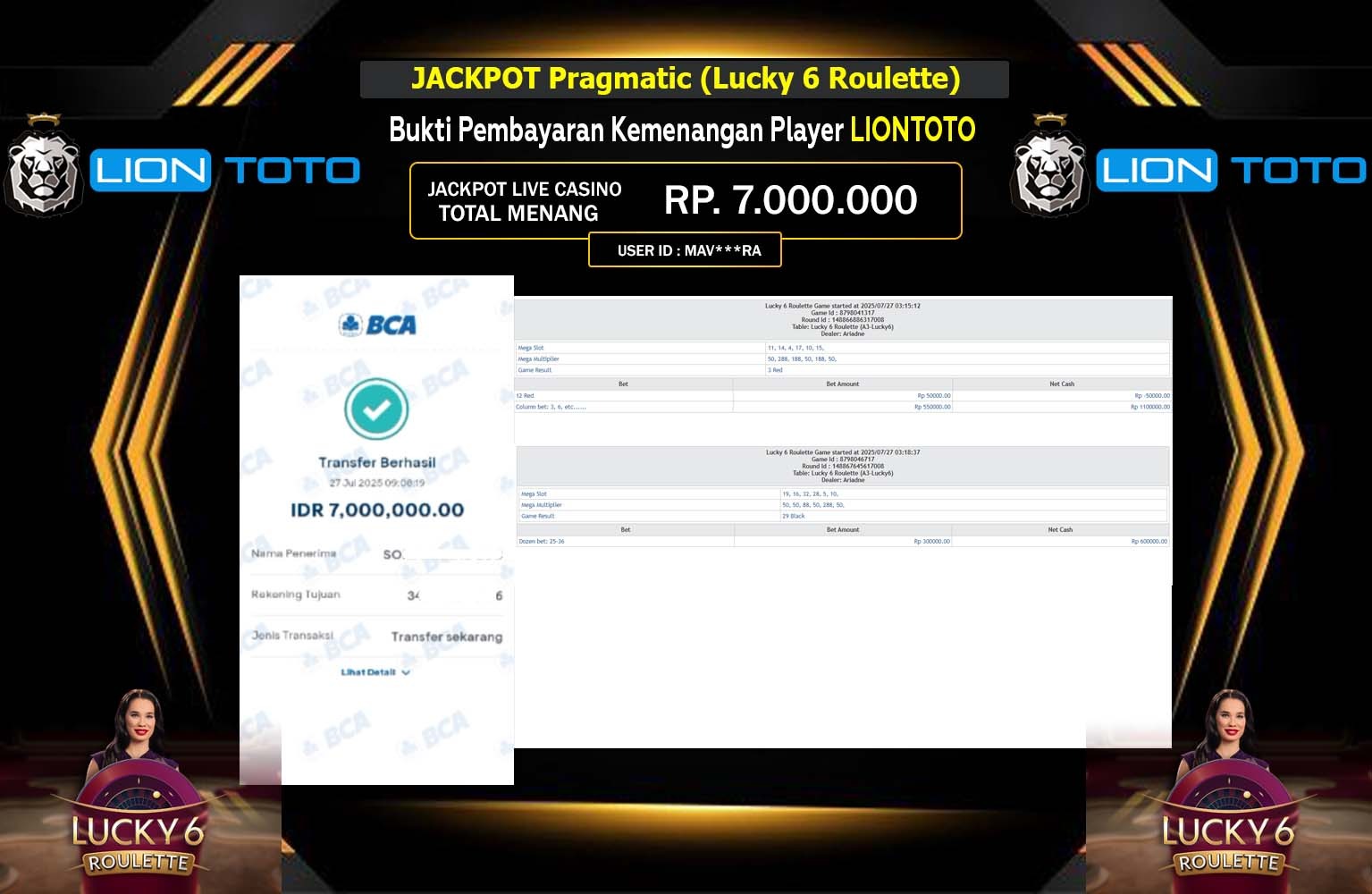 LIONTOTO JACKPOT PRAGMATIC LUCKY 6 ROULETTE Rp.7.000.000,- LUNAS