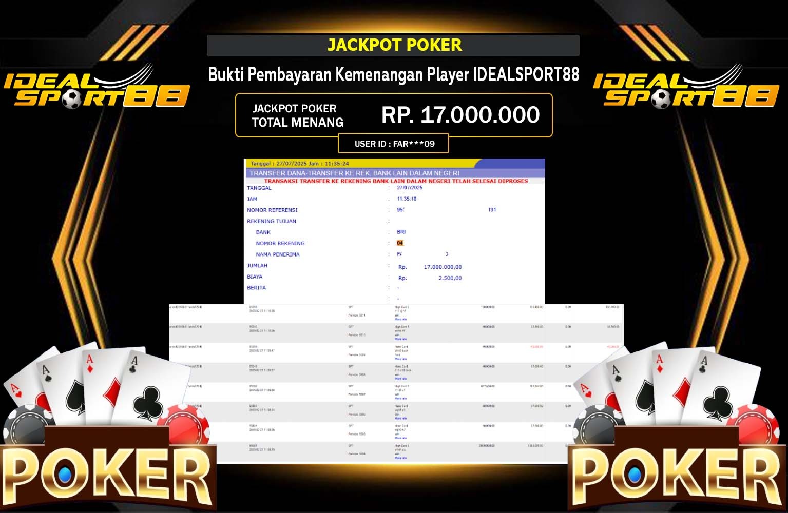 IDEALSPORT88 JACKPOT GAME POKER Rp.17.000.000,- LUNAS