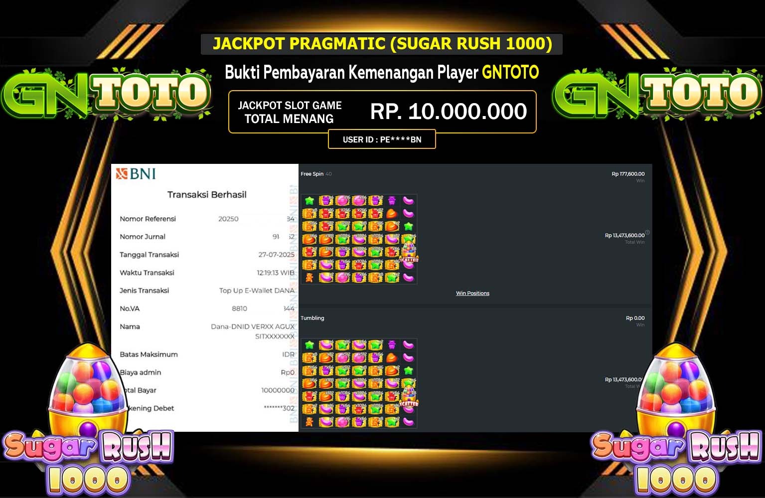 GNTOTO JACKPOT PRAGMATIC (SUGAR RUSH 1000) Rp.10.000.000,- LUNAS