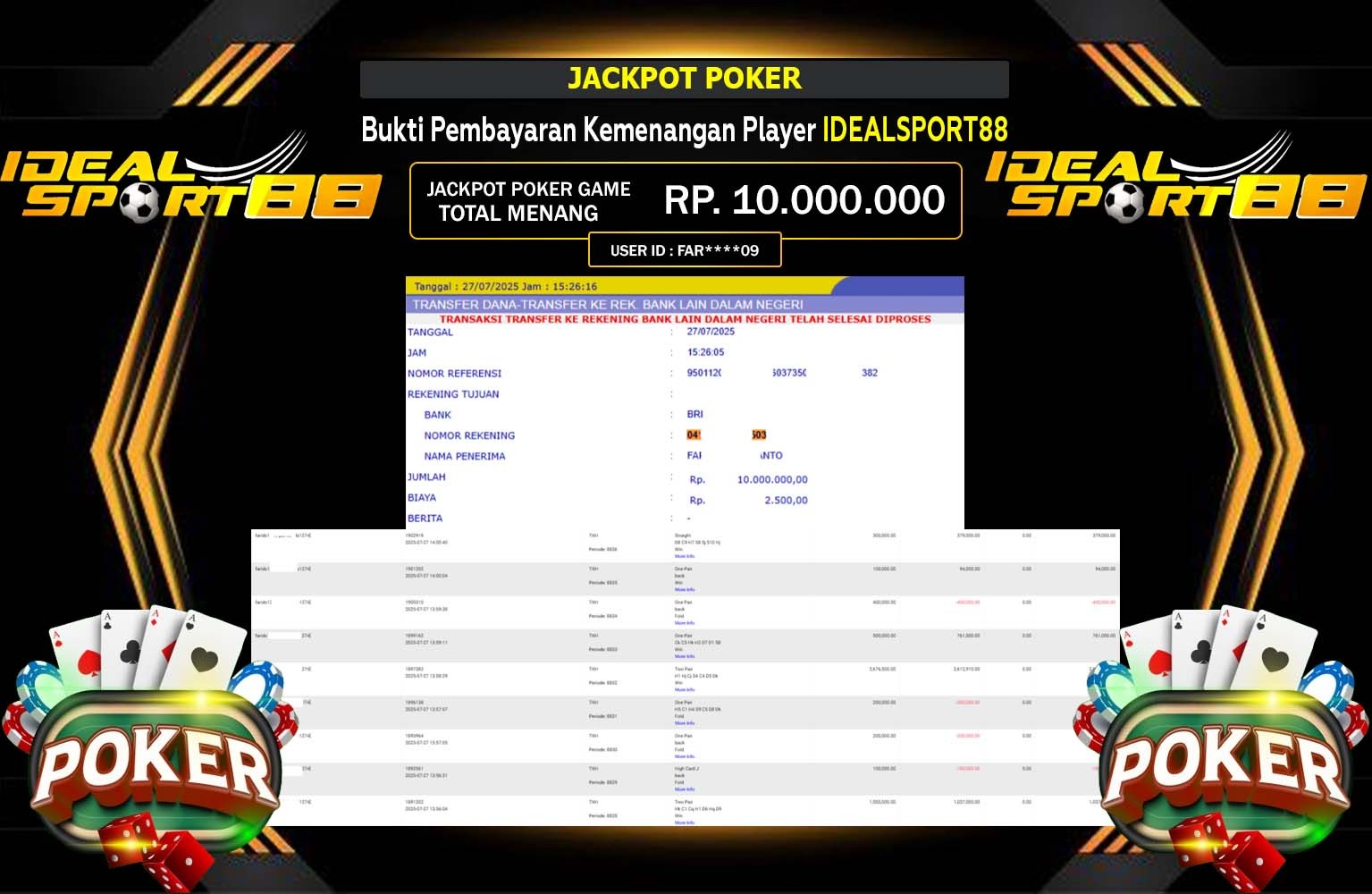 IDEALSPORT88 JACKPOT GAME POKER Rp.10.000.000,- LUNAS