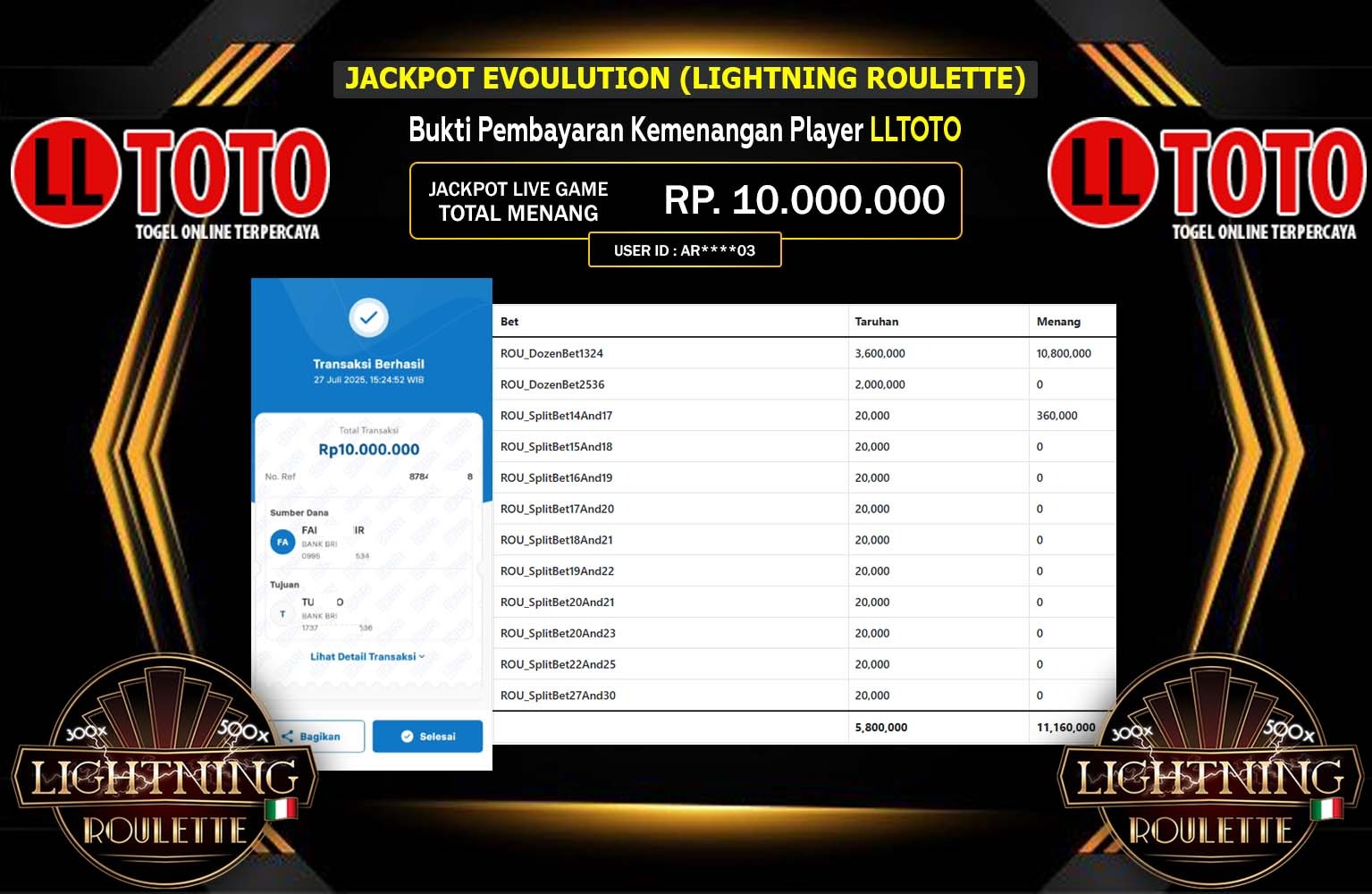 LLTOTO JACKPOT EVOLUTION (LIGHTNING ROULETTE) Rp.10.000.000,- LUNAS