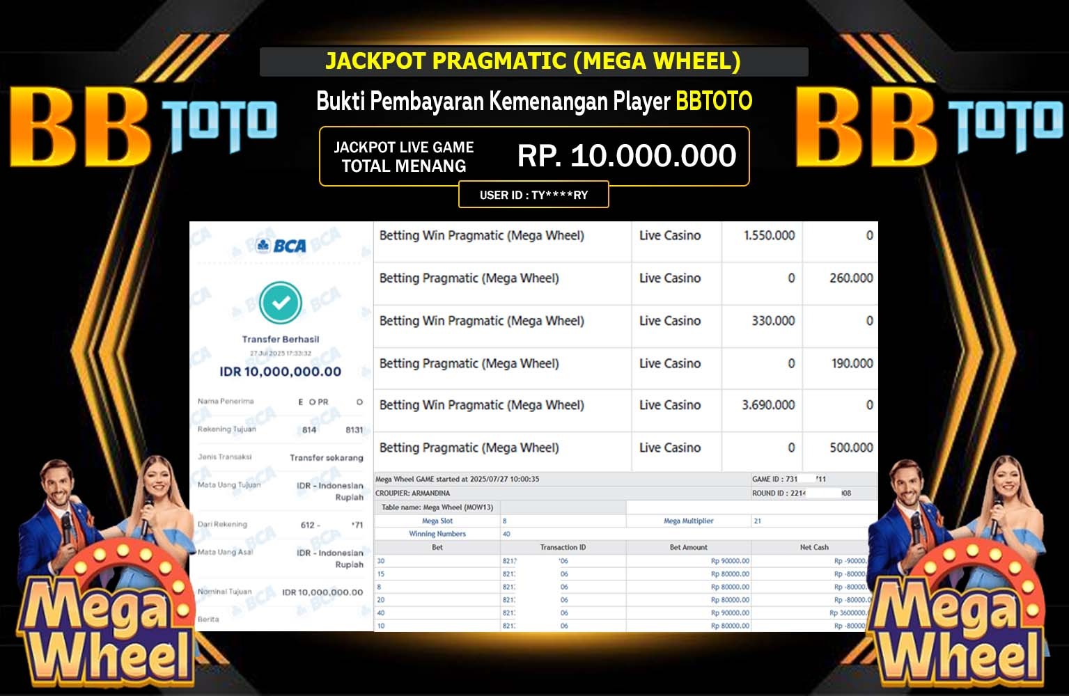 BBTOTO JACKPOT PRAGMATIC (MEGA WHEEL) Rp.10.000.000,- LUNAS