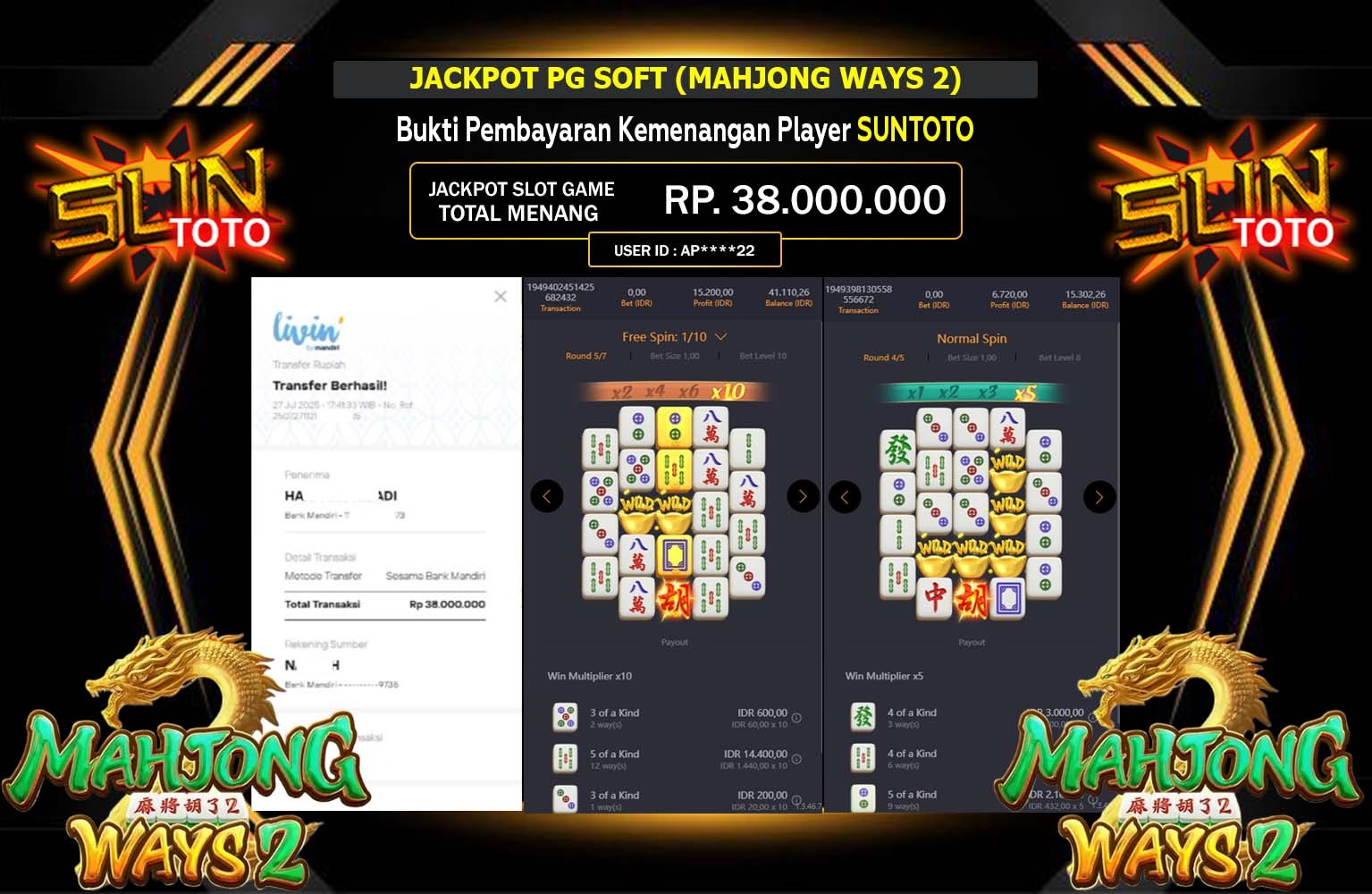 SUNTOTO JACKPOT PG SOFT (MAHJONG WAYS 2) Rp.38.000.000,- LUNAS