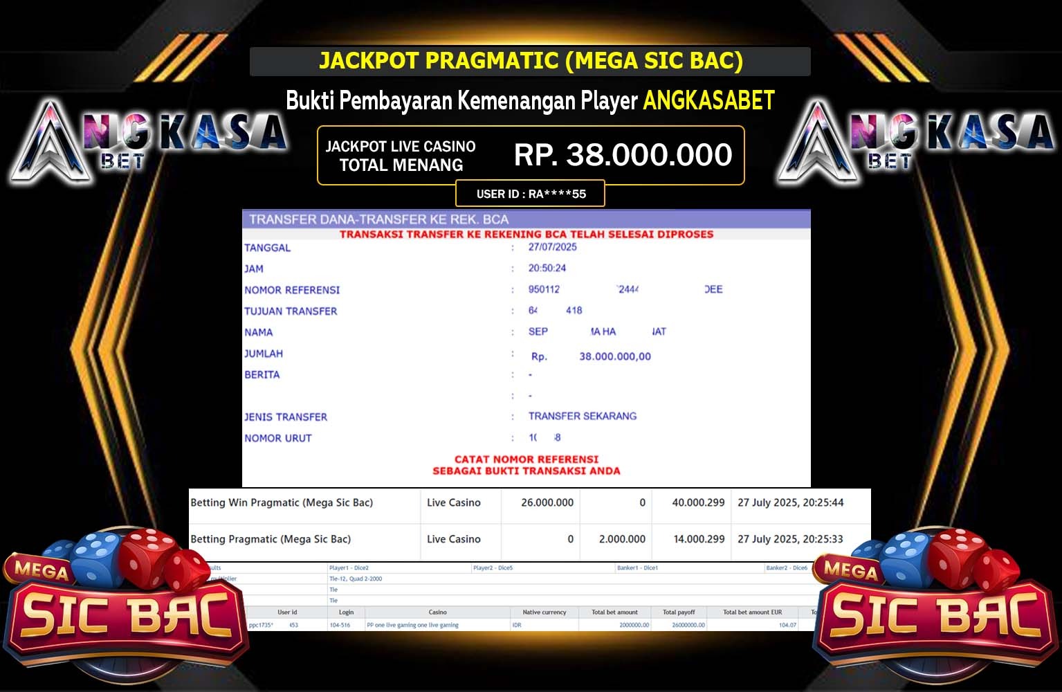 ANGKASABET JACKPOT PRAGMATIC (MEGA SIC BAC) Rp.38.000.000,- LUNAS