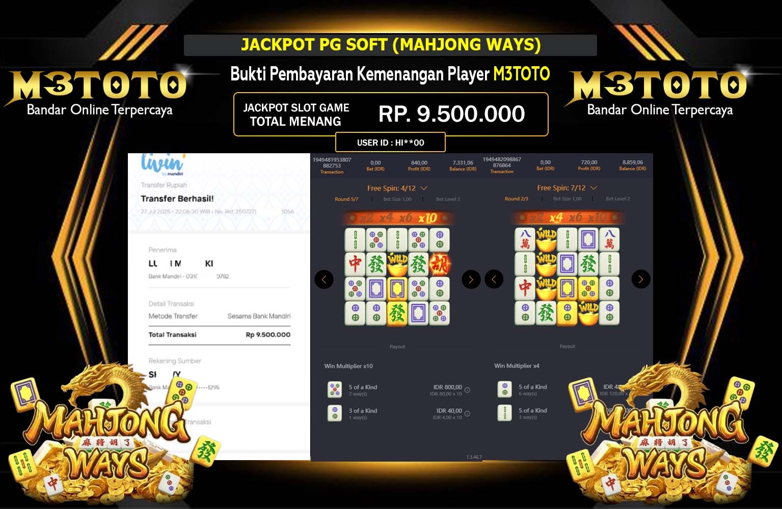 M3TOTO JACKPOT PG SOFT (MAHJONG WAYS) Rp.9.500.000,- LUNAS