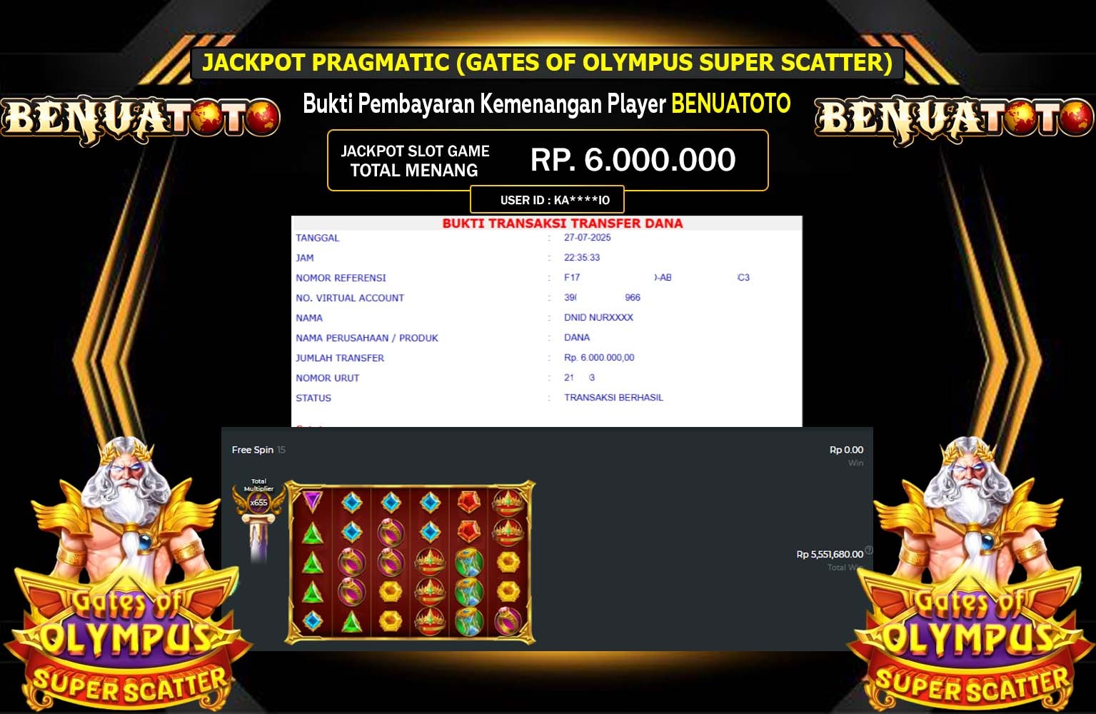 BENUATOTO JACKPOT PRAGMATIC (GATES OF OLYMPUS SUPER SCATTER) Rp.6.000.000,- LUNAS