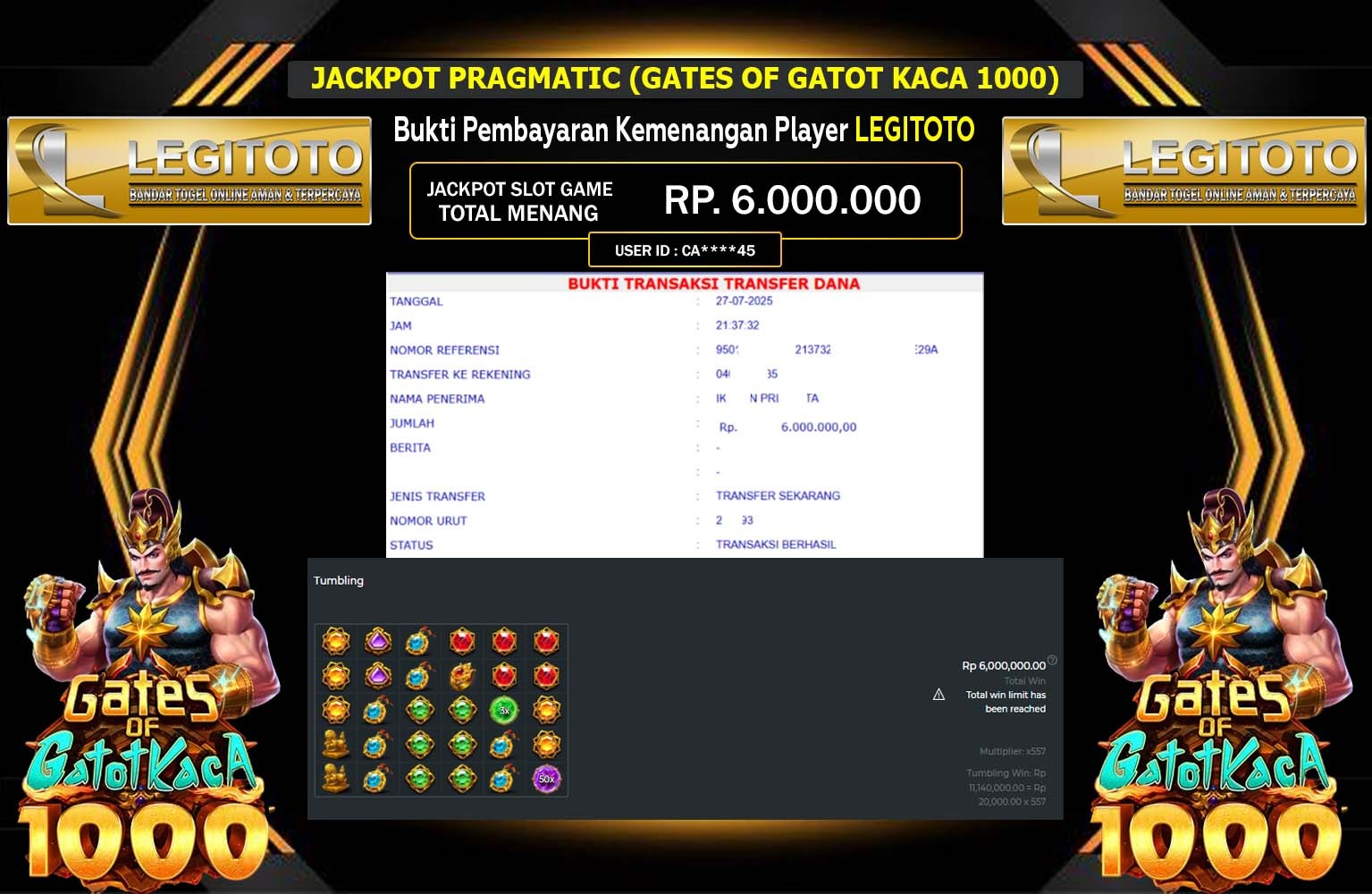 LEGITOTO JACKPOT PRAGMATIC (GATES OF GATOT KACA 1000) Rp.6.000.000,- LUNAS