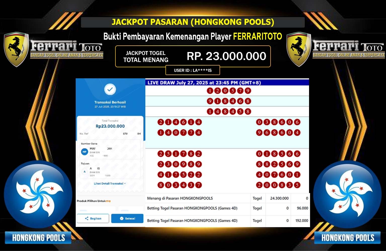 FERRARITOTO JACKPOT PASARAN (HONGKONG POOLS) Rp.23.000.000,- LUNAS