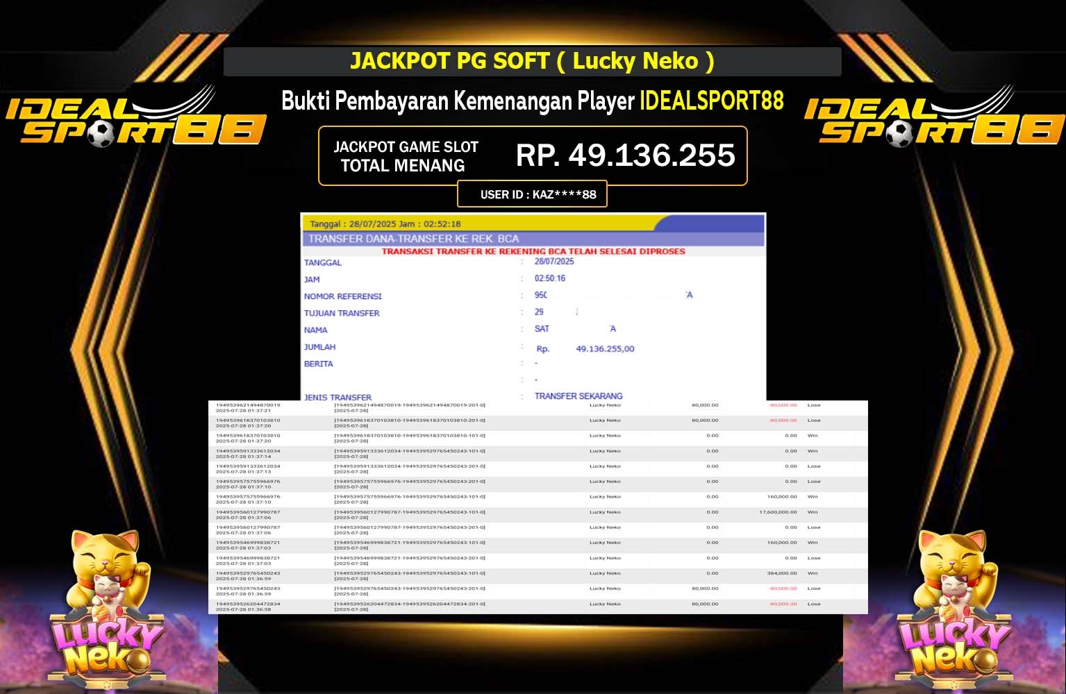 IDEALSPORT88 JACKPOT PG SOFT Lucky Neko Rp.49.136.255,- LUNAS