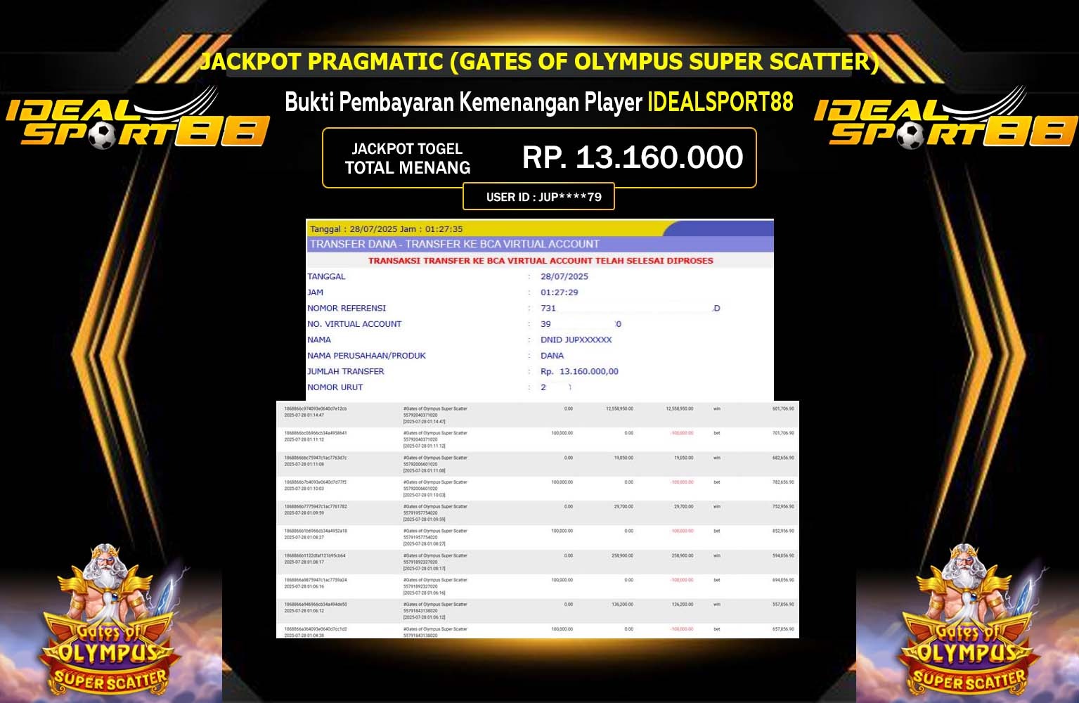 IDEALSPORT88 JACKPOT PRAGMATIC (GATES OF OLYMPUS SUPER SCATTER) Rp.13.160.000,- LUNAS