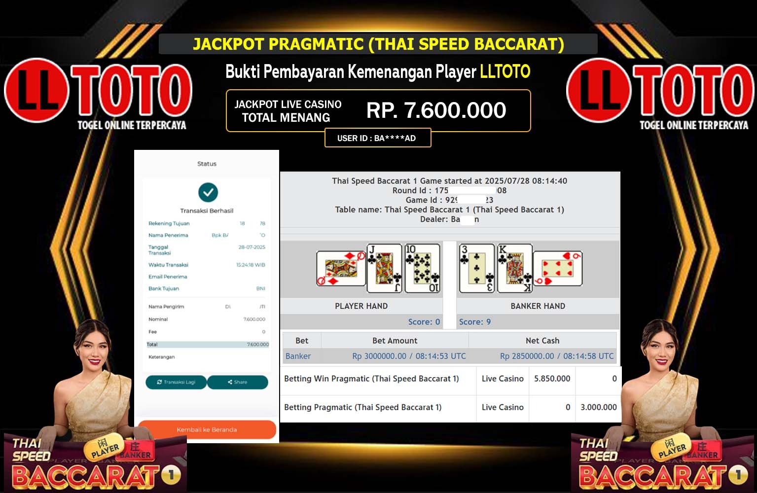 LLTOTO JACKPOT PRAGMATIC (THAI SPEED BACCARAT) Rp.7.600.000,- LUNAS