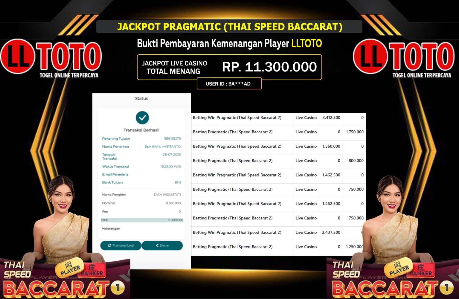 LLTOTO JACKPOT PRAGMATIC (THAI SPEED BACCARAT) Rp.11.300.000,- LUNAS