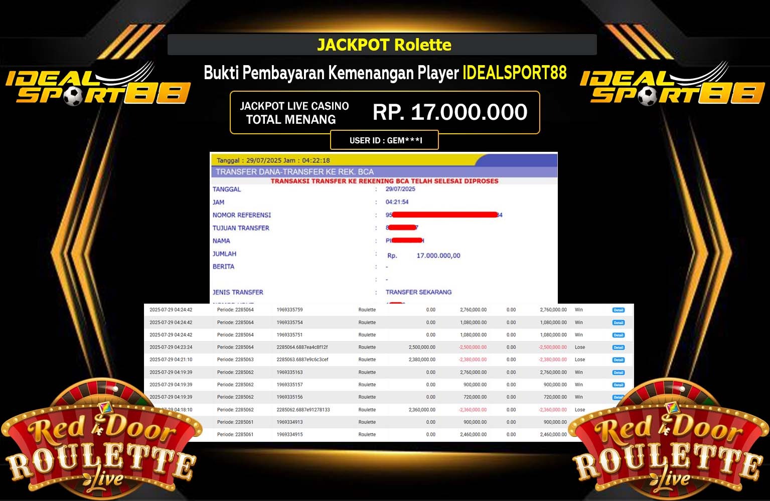 IDEALSPORT88 JACKPOT ROLETTE Rp.17.000.000,- LUNAS