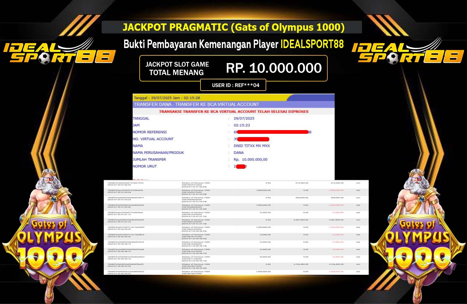 IDEALSPORT88 JACKPOT SLOT GATES OF OLYMPUS 1000 Rp.10.000.000,- LUNAS